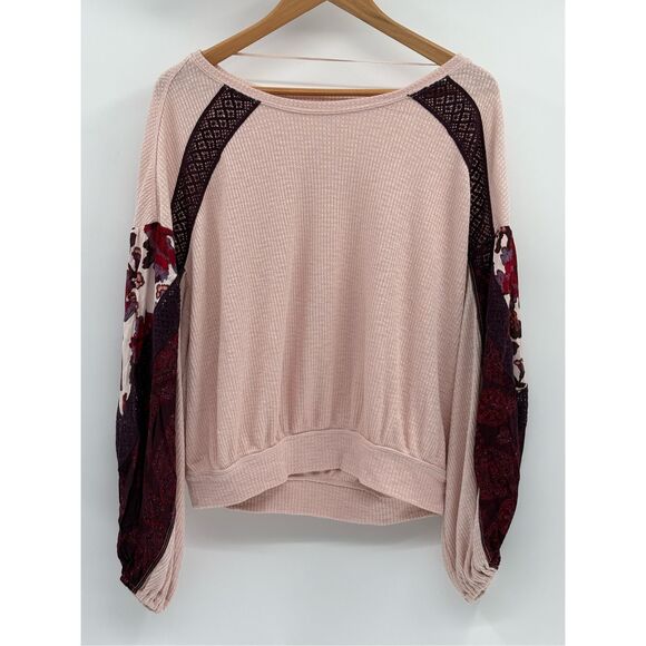 Free People‎ Boho Knit Top Long Balloon Sleeve Women Medium Pink Floral - Picture 1 of 11